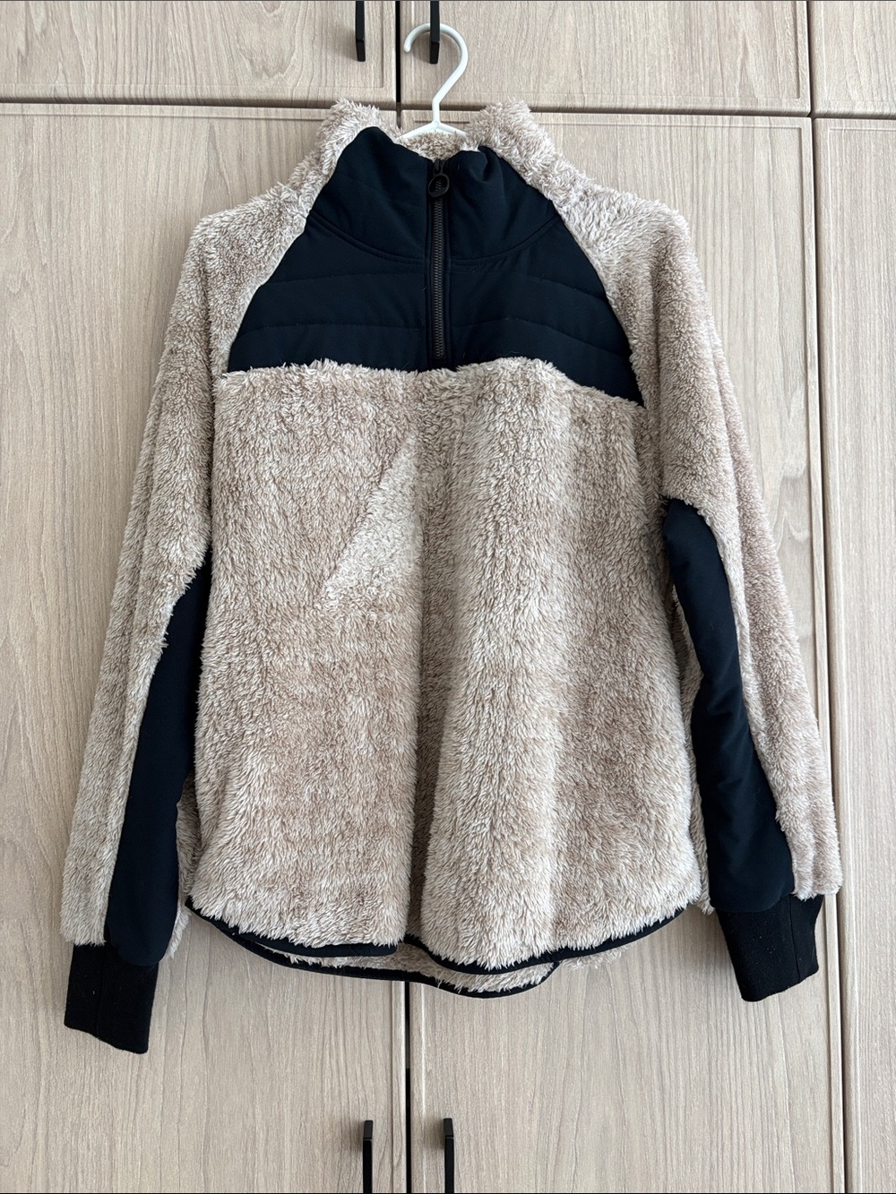 Cozy Beige Sherpa Half-Zip Pullover with Black Accents